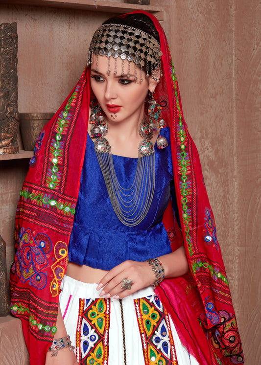 White Embroidered Lehenga with Blue Blouse & Red Gamthi Work Dupatta – Navratri & Festive Chaniya Choli