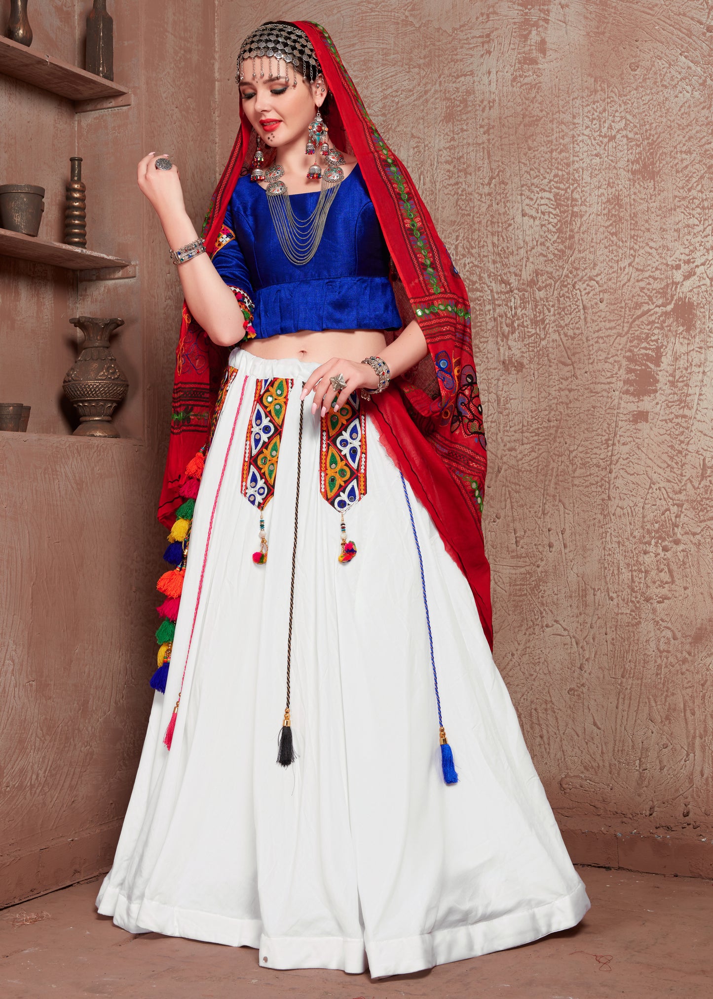 White Embroidered Lehenga with Blue Blouse & Red Gamthi Work Dupatta – Navratri & Festive Chaniya Choli