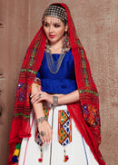 White Embroidered Lehenga with Blue Blouse & Red Gamthi Work Dupatta – Navratri & Festive Chaniya Choli