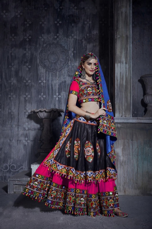 Designer Pink & Black Navratri Lehenga Choli with Blue Dupatta – Traditional Gamthi & Mirror Work