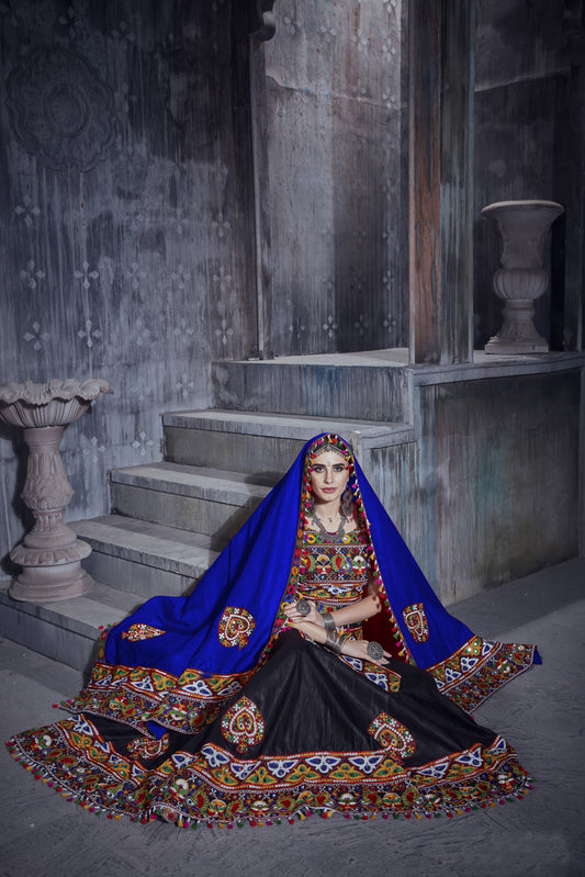 Designer Black Navratri Lehenga Choli with Royal Blue Dupatta – Traditional Mirror & Gamthi Work