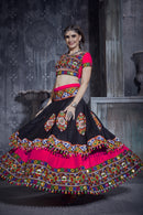 Designer Pink & Black Navratri Lehenga Choli with Blue Dupatta – Traditional Gamthi & Mirror Work