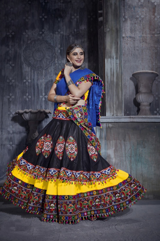 Designer Yellow & Black Navratri Chaniya Choli with Multicolor Embroidery & Mirror Work – Festive Garba Wear