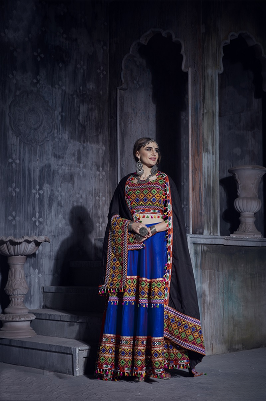 Royal Blue Navratri Chaniya Choli with Multicolor Gamthi Embroidery & Mirror Work – Traditional Garba Outfit