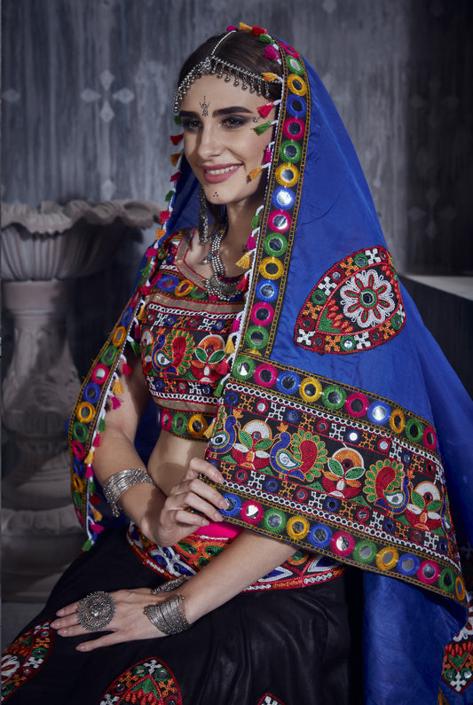 Designer Pink & Black Navratri Lehenga Choli with Blue Dupatta – Traditional Gamthi & Mirror Work