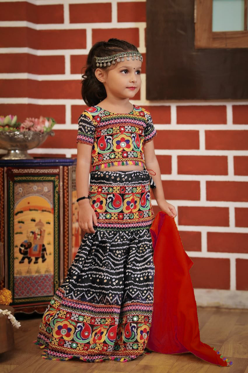 Kids Black Navratri Chaniya Choli with Embroidered Mirror Work & Red Dupatta