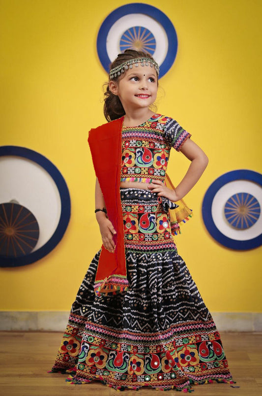 Kids Black Navratri Chaniya Choli with Embroidered Mirror Work & Red Dupatta