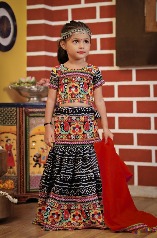 Kids Black Navratri Chaniya Choli with Embroidered Mirror Work & Red Dupatta
