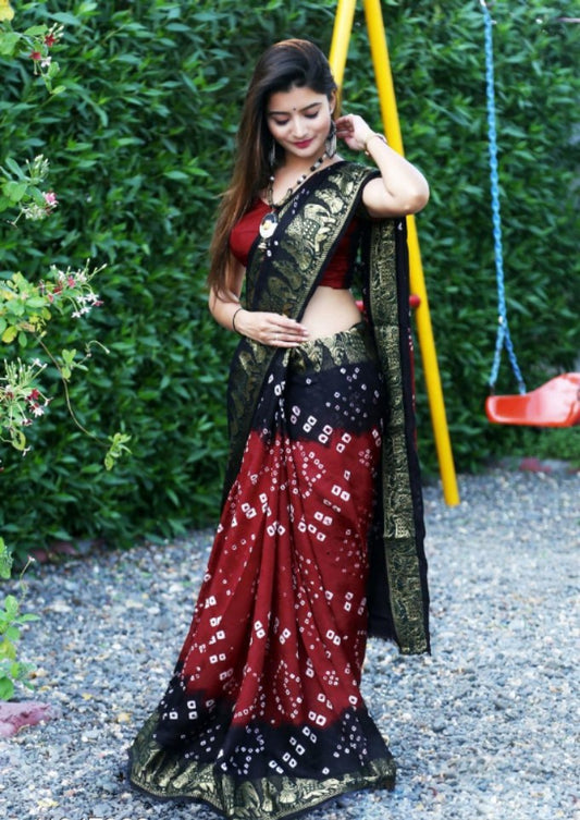 Black & Maroon Bandhani Saree with Golden Zari Border – Traditional Ethnic Wear