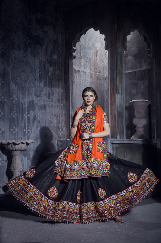 Designer Black & Orange Navratri Chaniya Choli with Traditional Kutchi Mirror & Thread Work