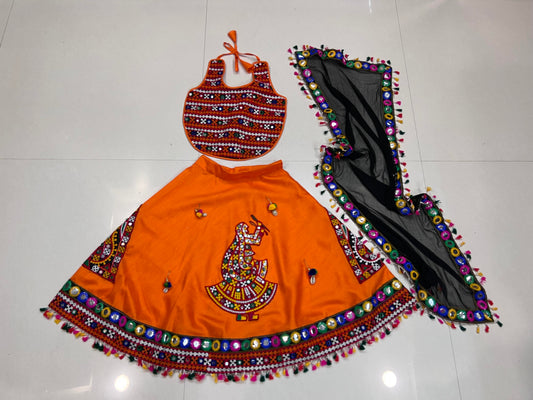 Orange Kids Navratri Chaniya Choli with Embroidered Dancer Design & Dupatta (6–7 Years)