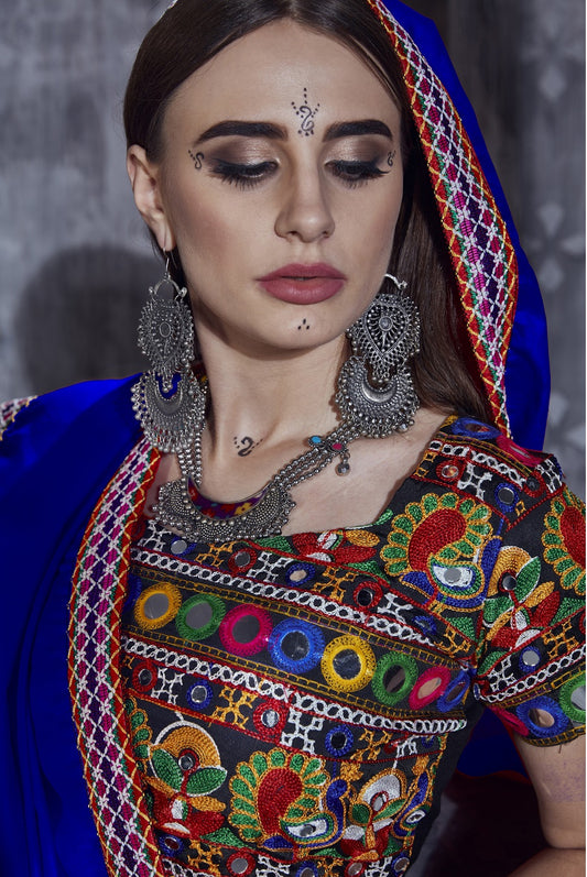 Rajwadi Black Gamthi Embroidered Navratri Chaniya Choli with Royal Blue Dupatta