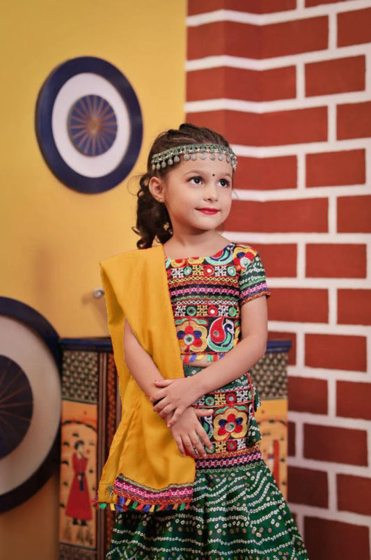 Kids Green Navratri Chaniya Choli with Yellow Dupatta – Embroidered Garba Outfit