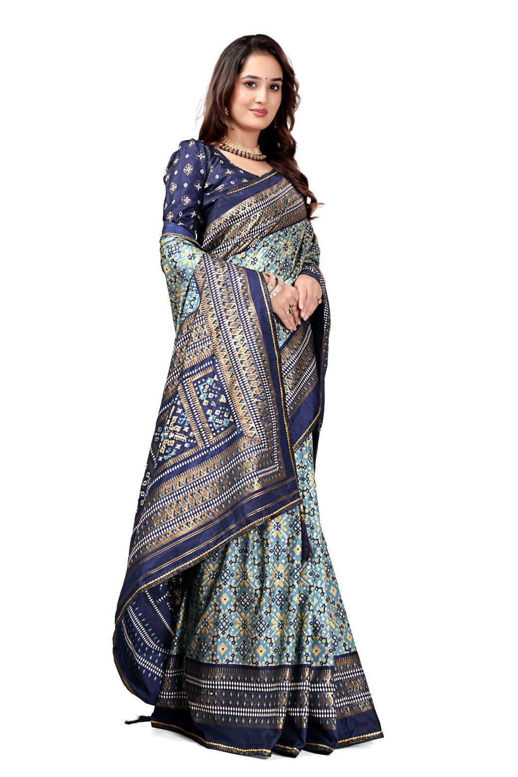 Navy Blue & Sky Blue Banarasi Silk Saree with Geometric Weaving Design & Contrast Blouse
