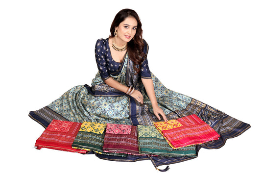 Navy Blue & Sky Blue Banarasi Silk Saree with Geometric Weaving Design & Contrast Blouse