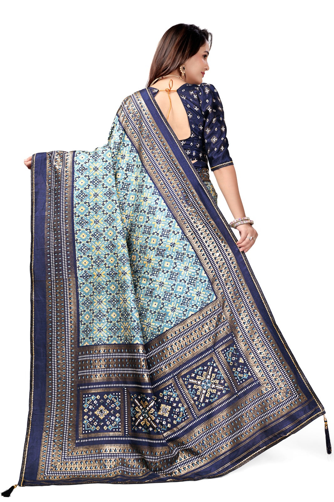 Navy Blue & Sky Blue Banarasi Silk Saree with Geometric Weaving Design & Contrast Blouse
