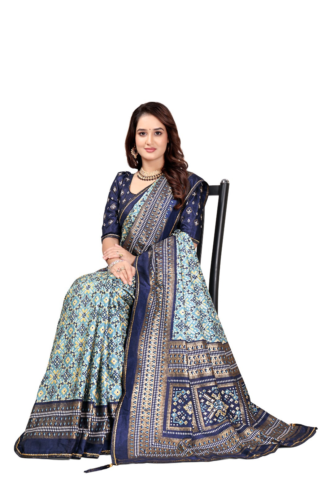 Navy Blue & Sky Blue Banarasi Silk Saree with Geometric Weaving Design & Contrast Blouse