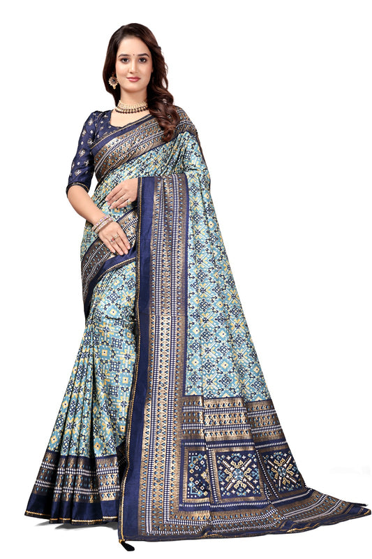 Navy Blue & Sky Blue Banarasi Silk Saree with Geometric Weaving Design & Contrast Blouse