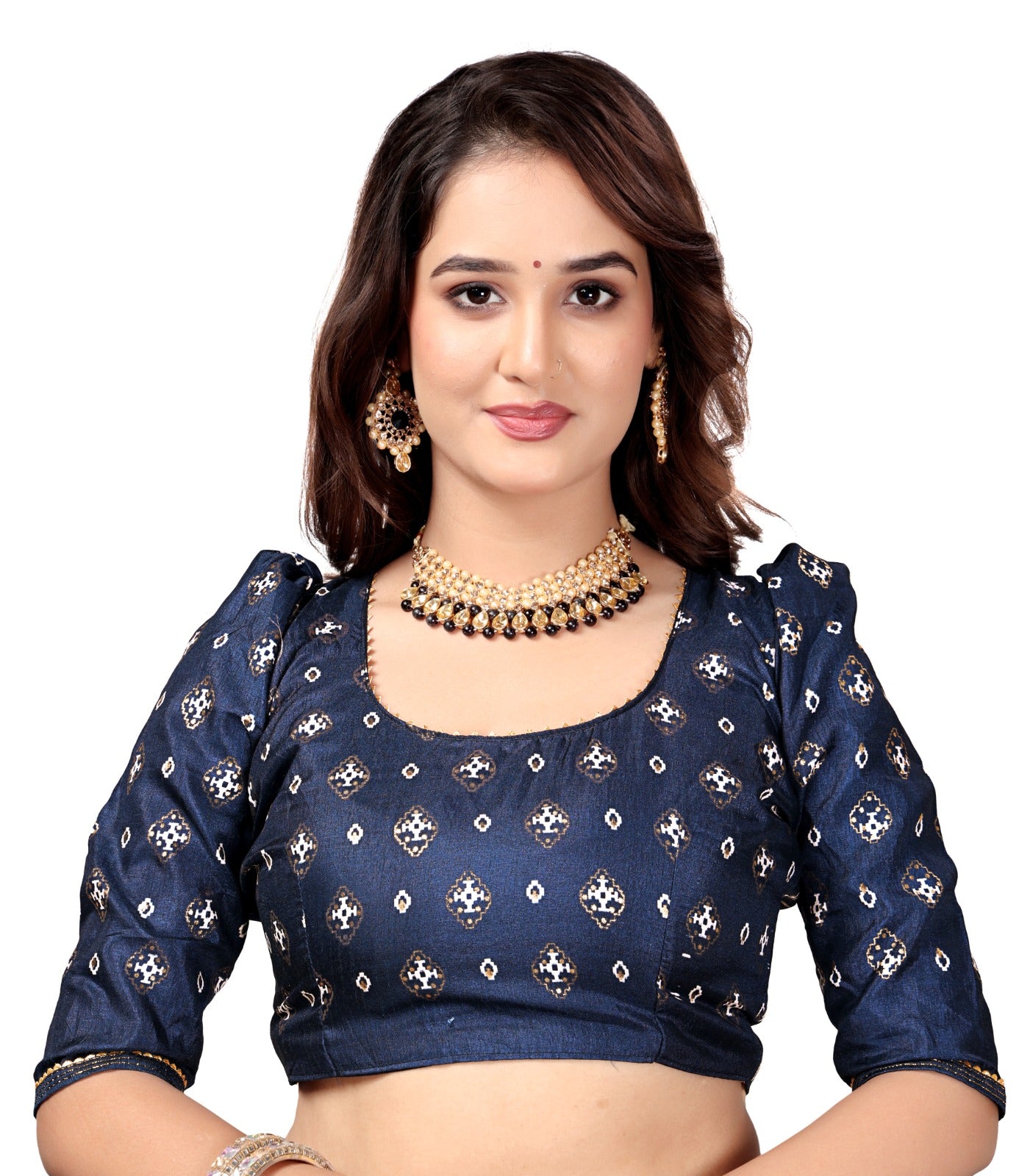 Navy Blue & Sky Blue Banarasi Silk Saree with Geometric Weaving Design & Contrast Blouse