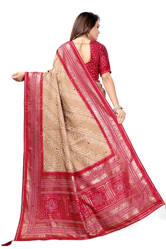 Traditional Bandhej Printed Silk Saree with Rich Red Border & Matching Blouse