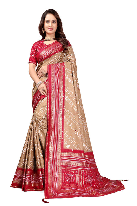 Traditional Bandhej Printed Silk Saree with Rich Red Border & Matching Blouse