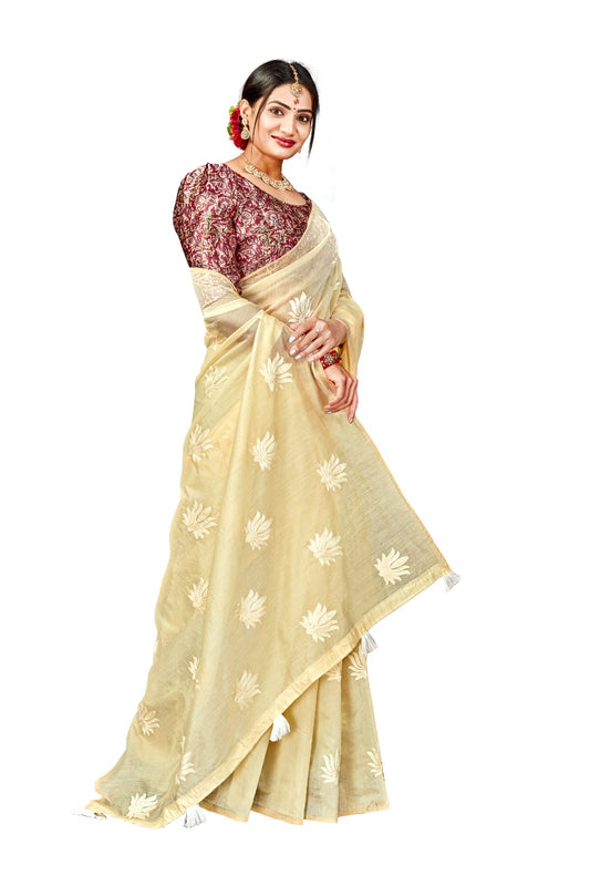 Elegant Cream Chanderi Saree with Golden Leaf Embroidery & Maroon  Satin  Blouse