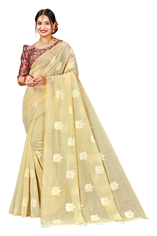 Elegant Cream Chanderi Saree with Golden Leaf Embroidery & Maroon  Satin  Blouse