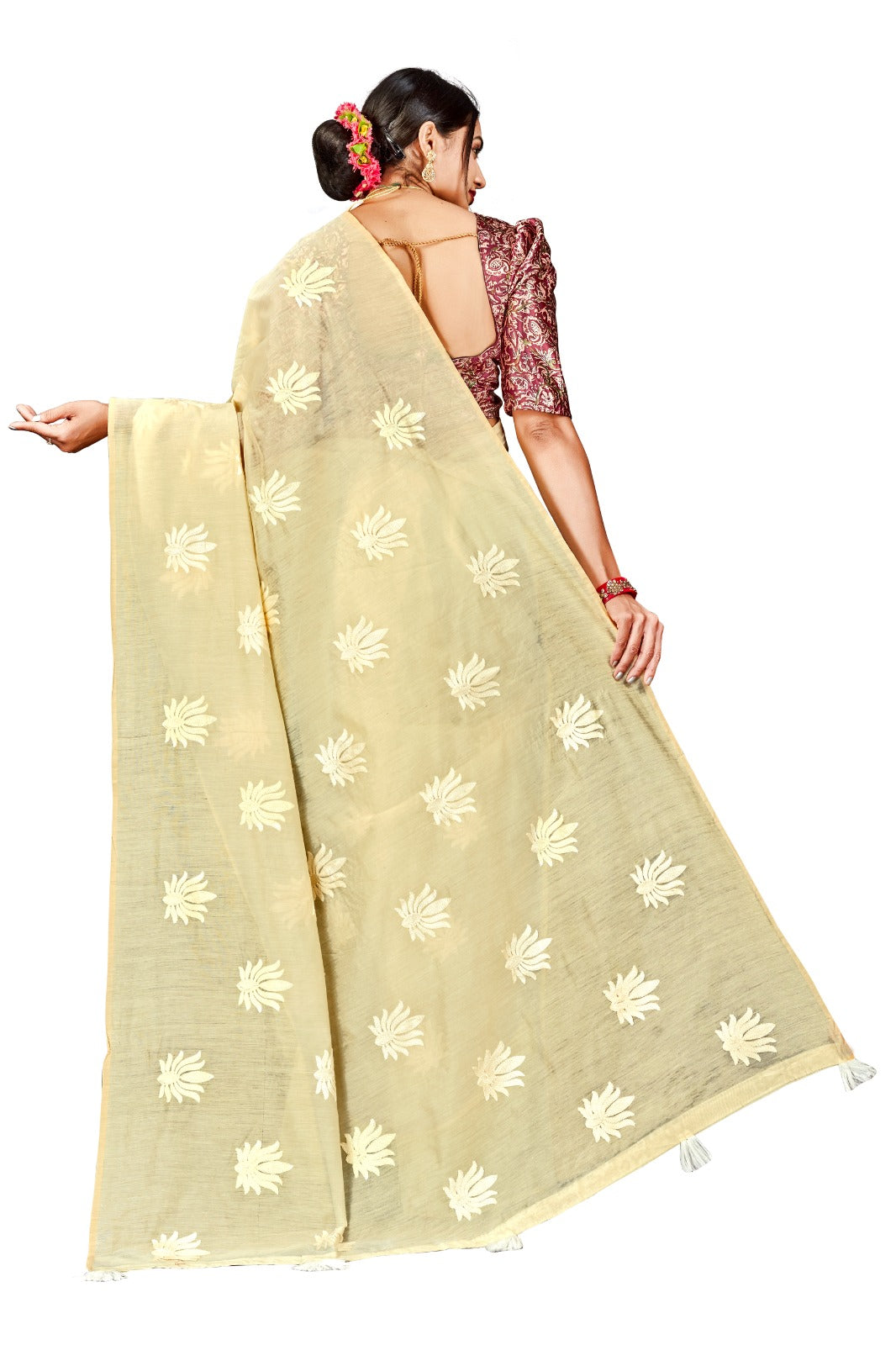 Elegant Cream Chanderi Saree with Golden Leaf Embroidery & Maroon  Satin  Blouse