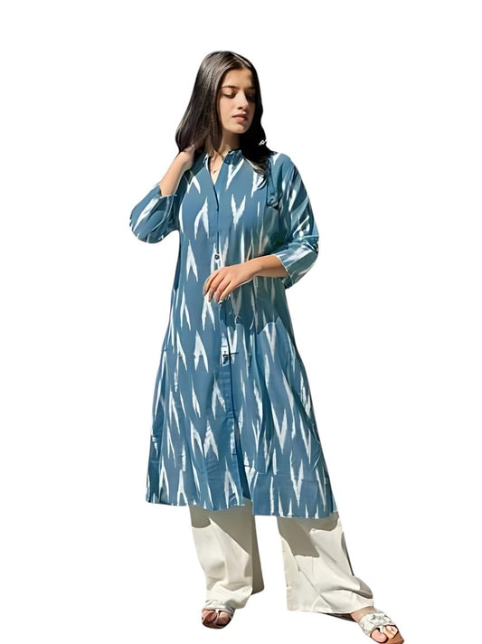 Blue South Cotton Kurti with Pant Set – Printed Ikat Design | Comfortable Daily & Office Wear
