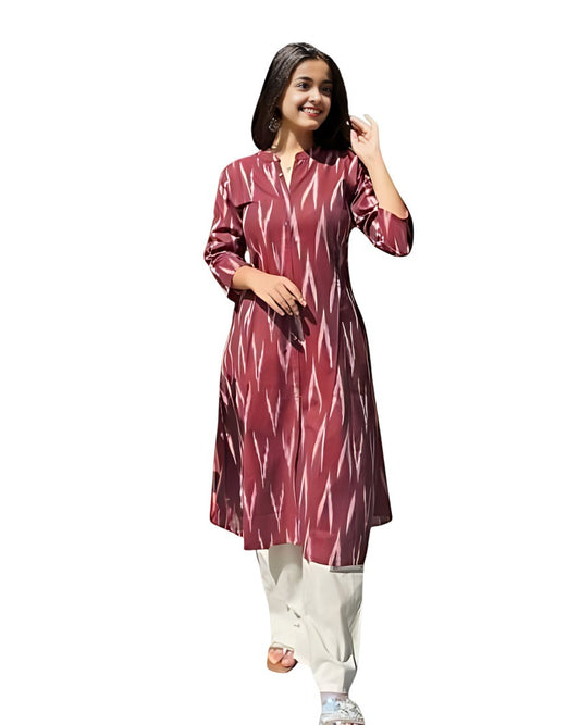 South Cotton Ikat Print A-Line Kurti Set (Red & Off-White)