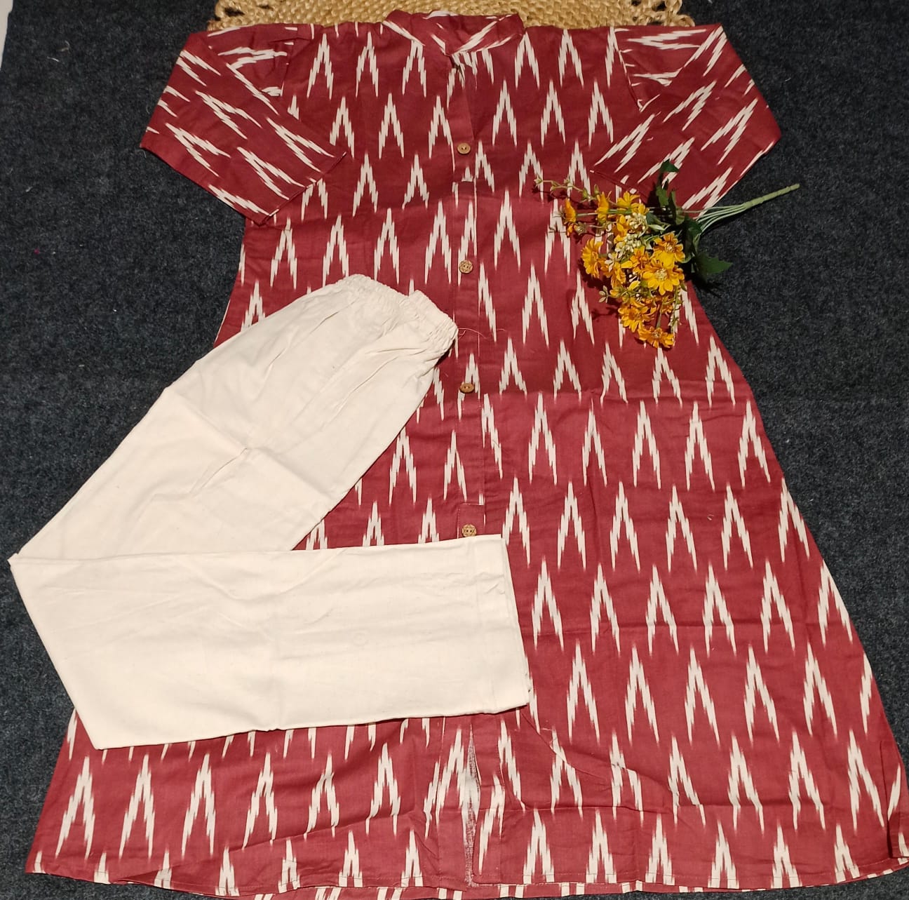 South Cotton Ikat Print A-Line Kurti Set (Red & Off-White)