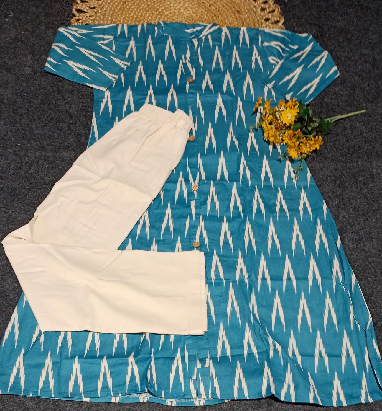 Blue South Cotton Kurti with Pant Set – Printed Ikat Design | Comfortable Daily & Office Wear