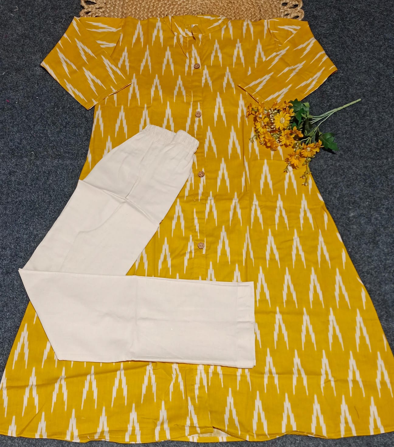 Yellow South Cotton Printed Kurti Set with Pants