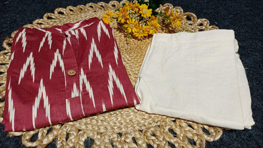 South Cotton Ikat Print A-Line Kurti Set (Red & Off-White)