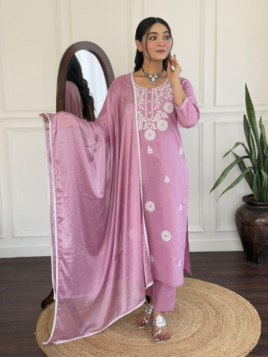 Elegant Pink Embroidered Kurti Pant with Dupatta Set – Party Wear 3 Piece Suit