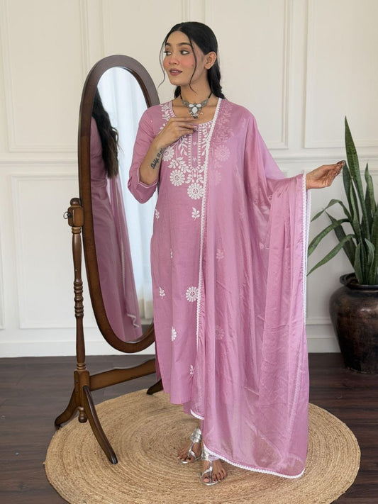 Elegant Pink Embroidered Kurti Pant with Dupatta Set – Party Wear 3 Piece Suit
