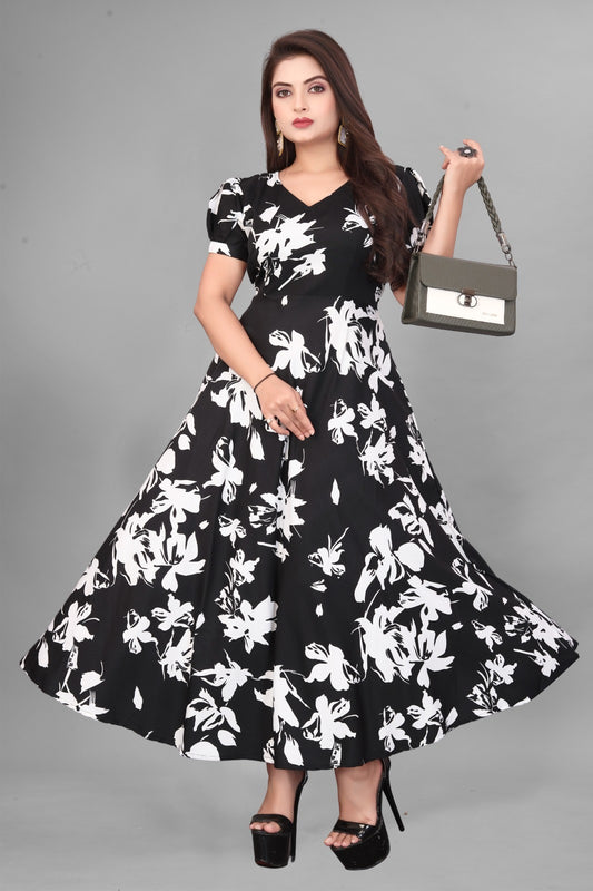 Floral Print V-Neck Flared Maxi Dress