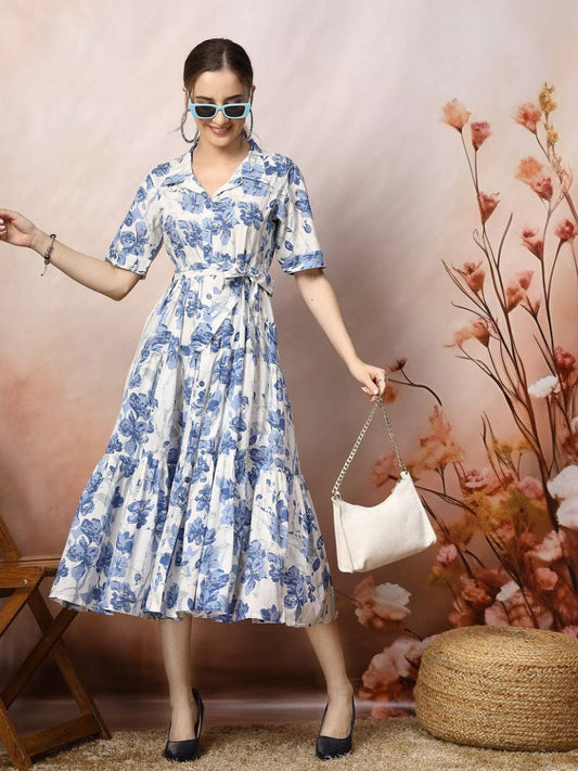 Ivory & Blue Floral Printed Tiered Midi Dress in Heavy Rayon