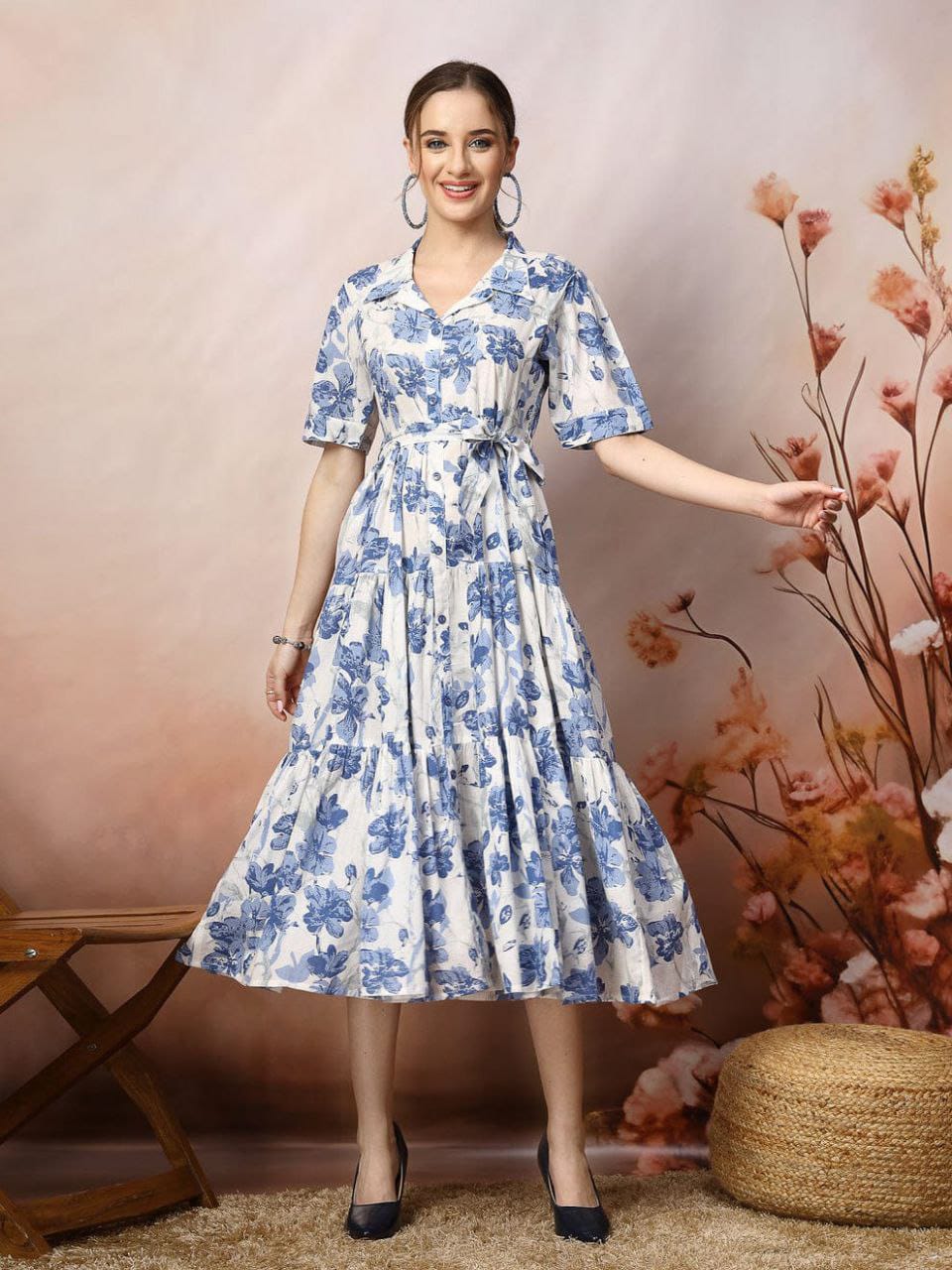 Ivory & Blue Floral Printed Tiered Midi Dress in Heavy Rayon
