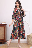 Black Multicolor Abstract Printed Tiered Midi Dress in Heavy Rayon