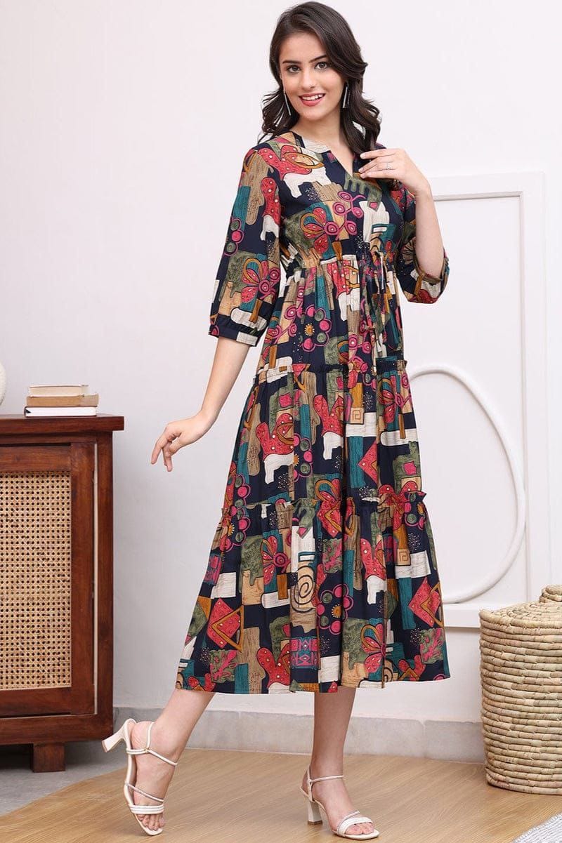 Black Multicolor Abstract Printed Tiered Midi Dress in Heavy Rayon