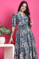 Blue Multicolor Printed Tiered Midi Dress in Heavy Rayon