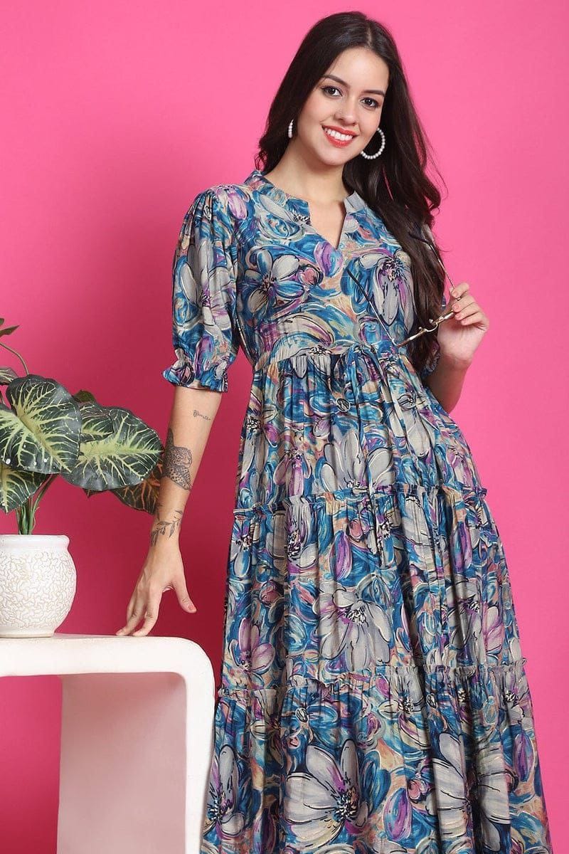 Blue Multicolor Printed Tiered Midi Dress in Heavy Rayon