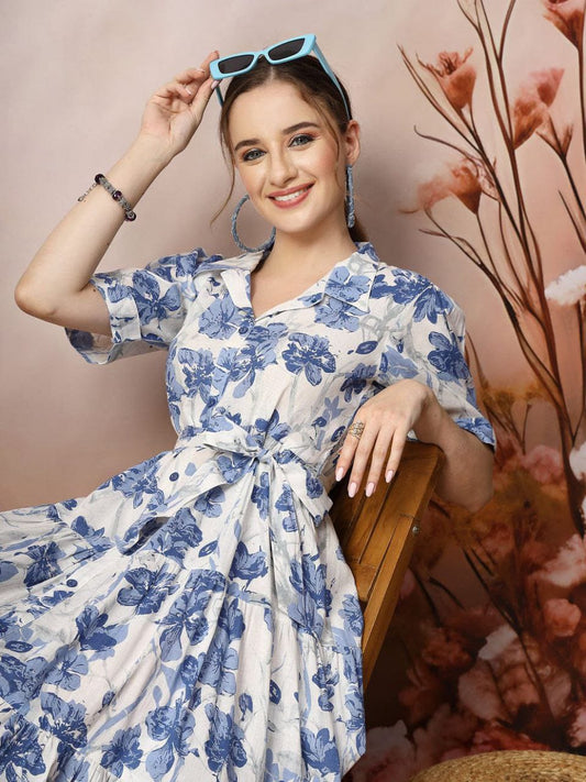 Ivory & Blue Floral Printed Tiered Midi Dress in Heavy Rayon
