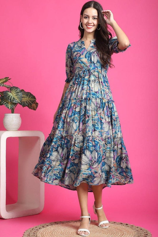 Blue Multicolor Printed Tiered Midi Dress in Heavy Rayon