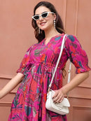 Magenta Multicolor Printed Tiered Midi Dress in Heavy Rayon