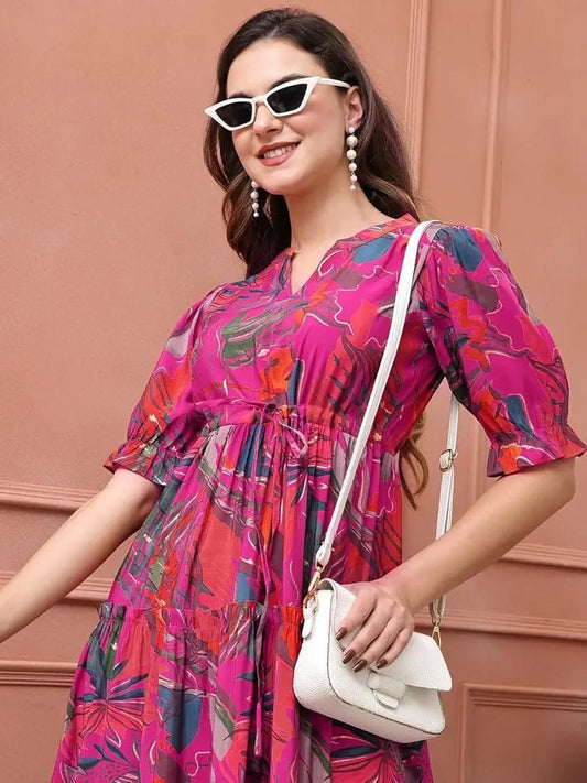 Magenta Multicolor Printed Tiered Midi Dress in Heavy Rayon