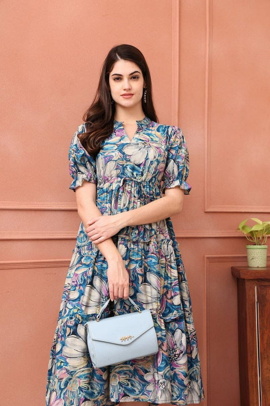 Blue Multicolor Printed Tiered Midi Dress in Heavy Rayon