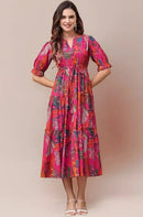 Magenta Multicolor Printed Tiered Midi Dress in Heavy Rayon