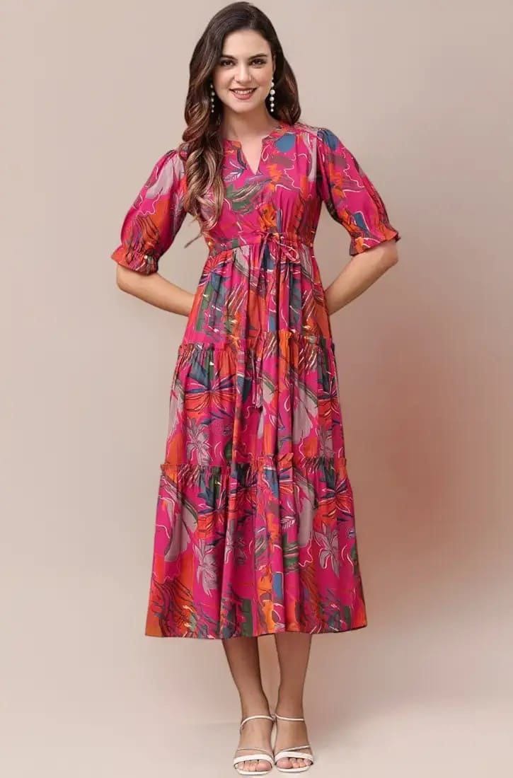 Magenta Multicolor Printed Tiered Midi Dress in Heavy Rayon